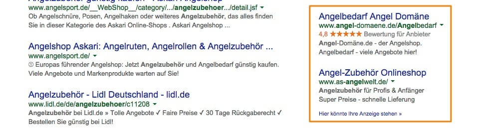 Google-AdWords Verkäuferbewertungen stechen hervor Drei Google AdWords-Anzeigen. Davon eine mit Verkäuferbewertungen