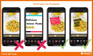 Best Practices für Thumbnails (bei TikTok): 1) falls du Branding nutzt: konsistent bleiben 2) wenn möglich: Gesichter abbilden 3) Text muss deutlich lesbar sein 4) Text darf nicht das gesamte Bild überdecken 5) macht User:innen neugierig