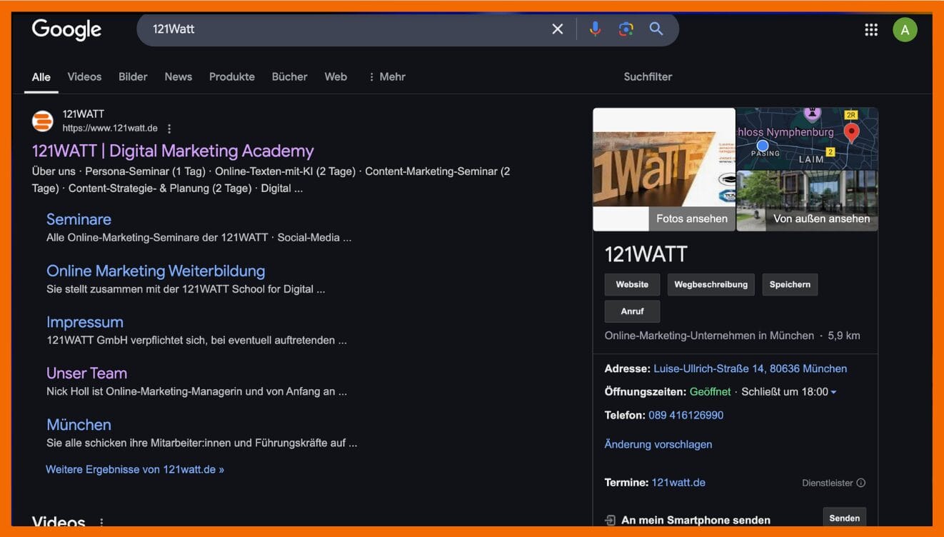 Das Bild zeigt einen Screenshot von dem Google Business Profile der 121WATT.