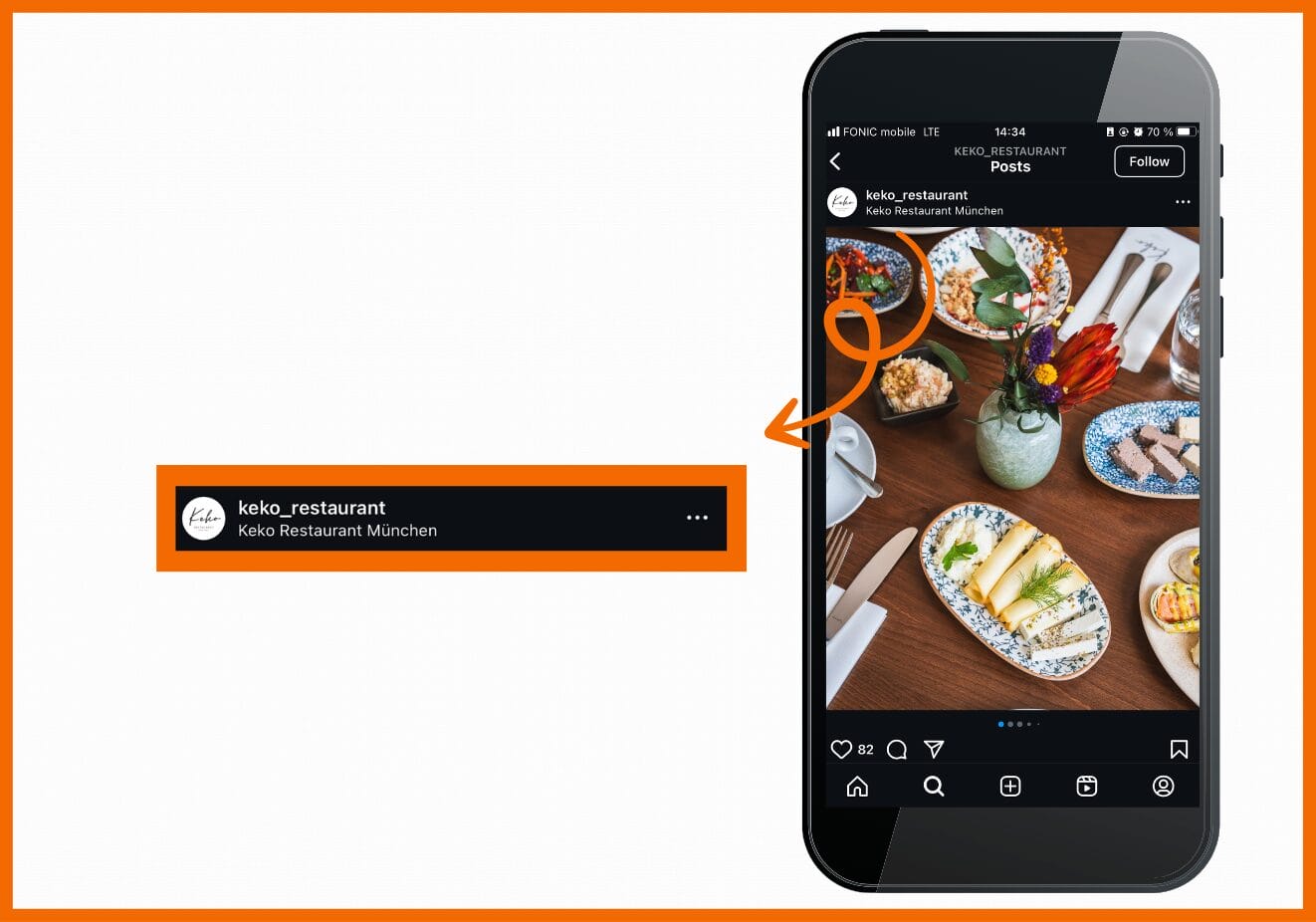 Bild zeigt einen Screenshot von einem Instagrambeitrag eines Restaurants in München. Der Standort "Keko Restaurant München" ist hier angegeben worden.
